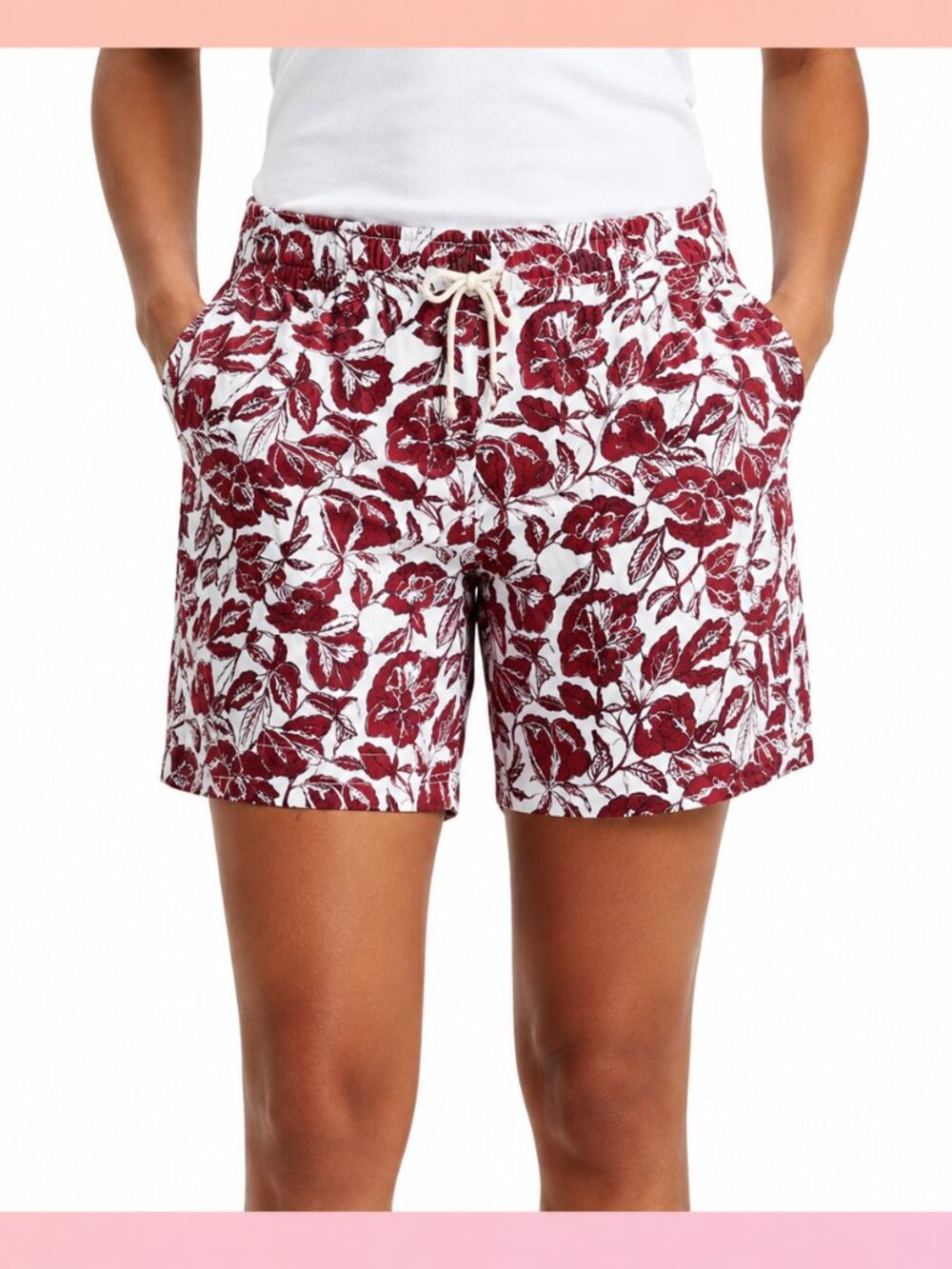 Lands' End Red & White Floral Print Shorts, Size 14.